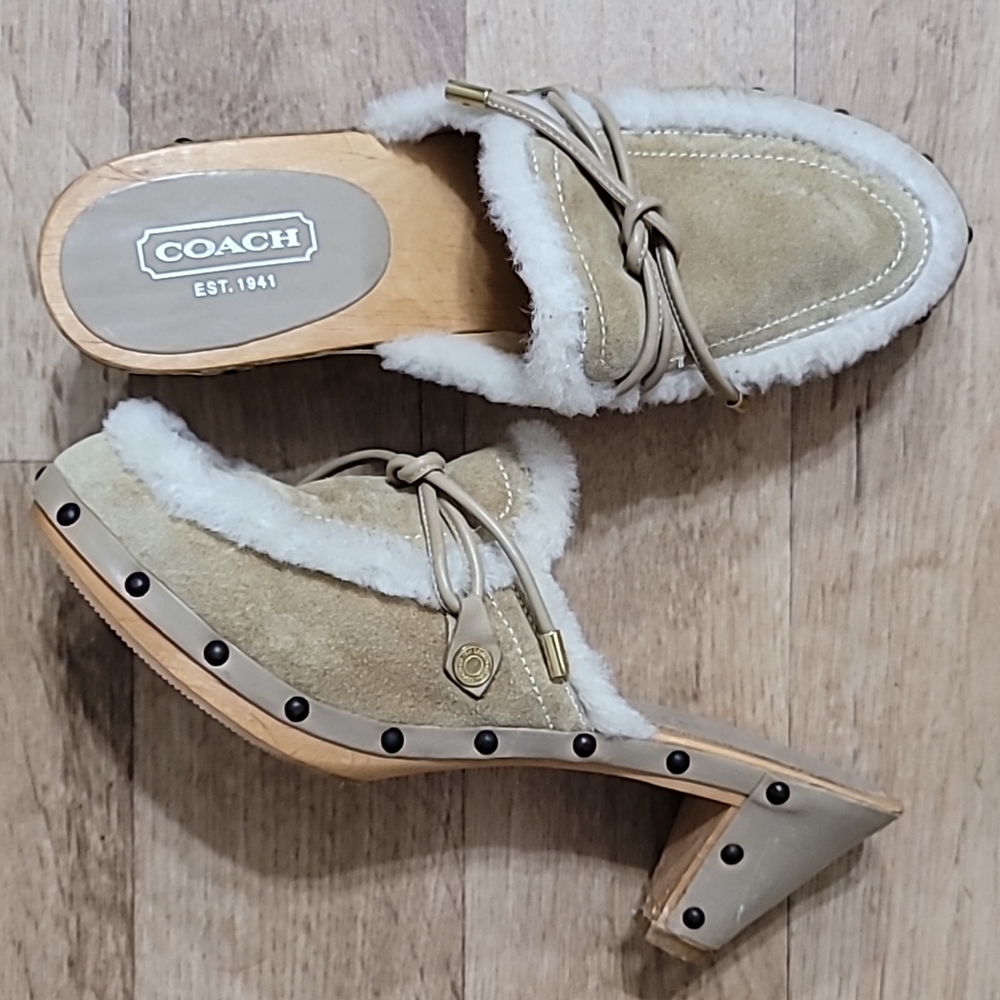 Coach Ruthie Mules Suede Leather Faux Fur Trim Wood Heel Studded Bowtie Vamp
